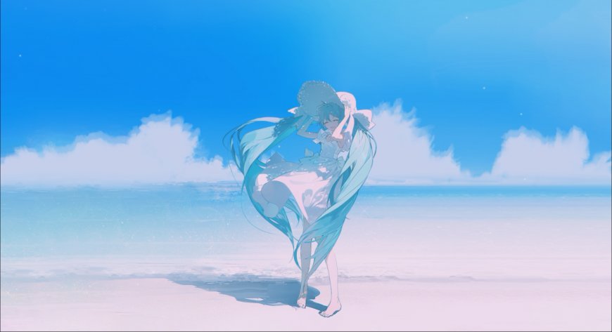初音未来海滩起舞蓝白动漫电脑壁纸