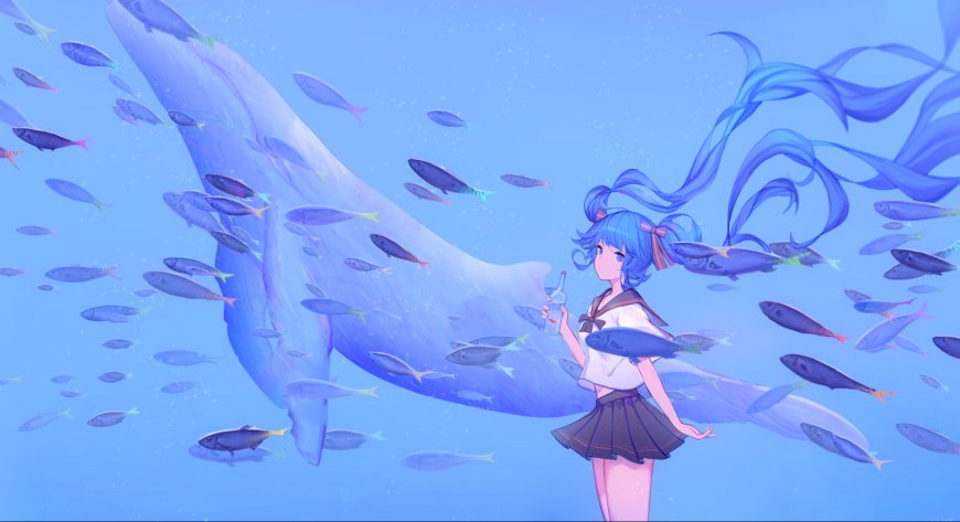 蓝发少女与鲸鱼共游蔚蓝动漫电脑壁纸