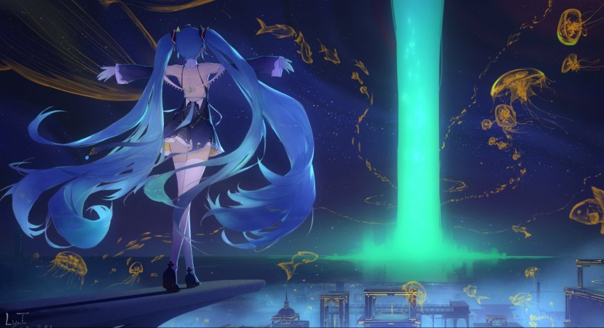 初音未来蓝发双马尾深海荧光动漫电脑壁纸