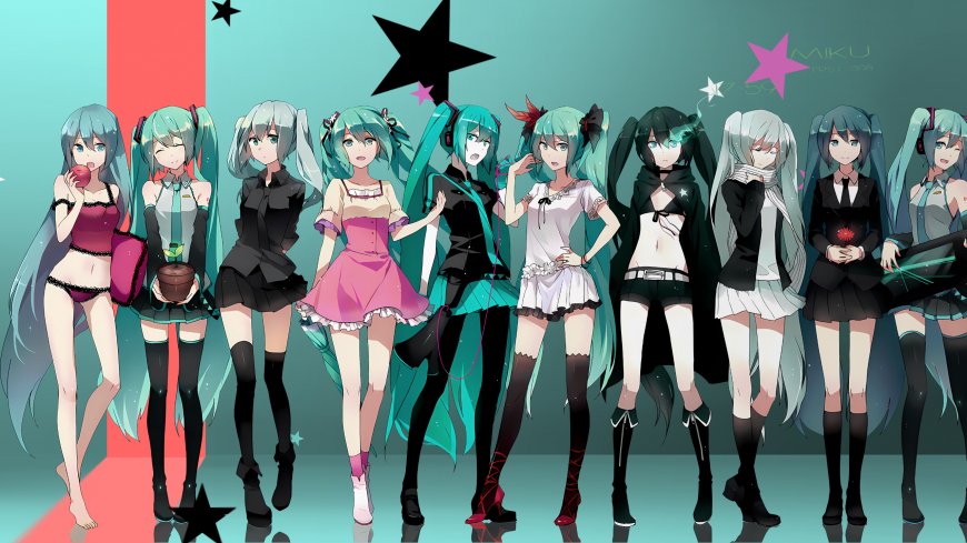 初音未来多造型同框青绿动漫电脑壁纸