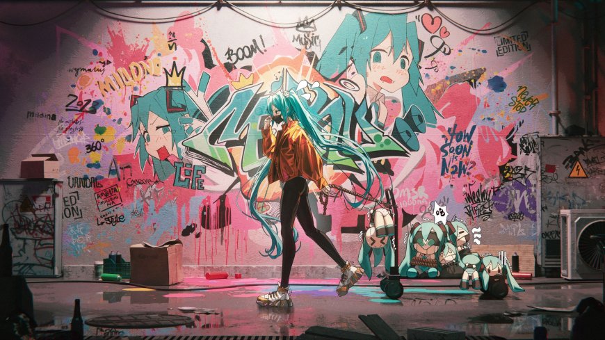 初音未来街头涂鸦橙衣蓝发动漫电脑壁纸
