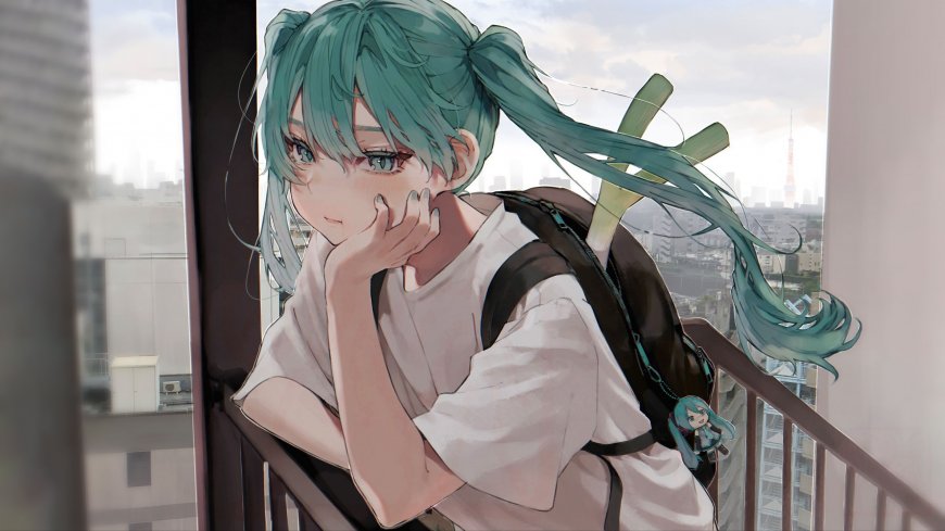 初音未来阳台托腮青绿动漫电脑壁纸