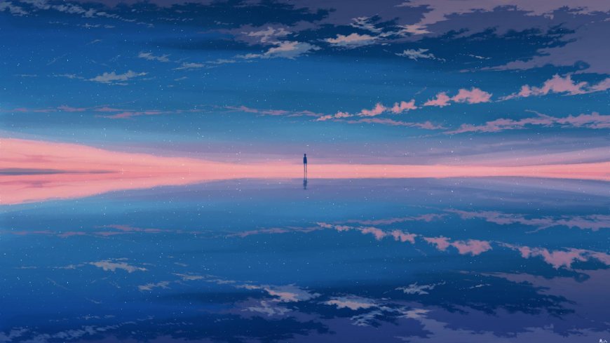 星空倒影水面孤影蓝紫唯美风景动漫插画电脑壁纸