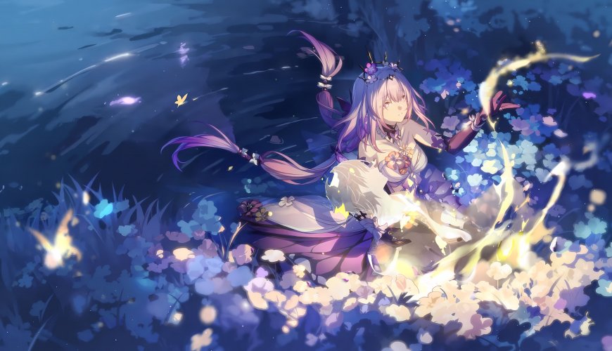 崩坏3遐蝶紫发花冠坐卧蓝色花海萤火虫环绕梦幻少女动漫电脑壁纸