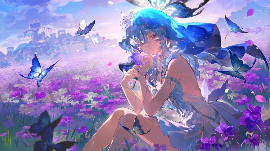 蓝发少女花海蝴蝶紫蓝梦幻动漫电脑壁纸