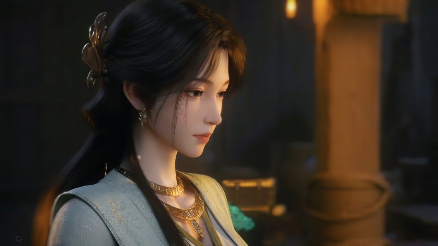 凡人修仙传梅凝黑发古装侧颜特写3D渲染唯美人物电脑壁纸