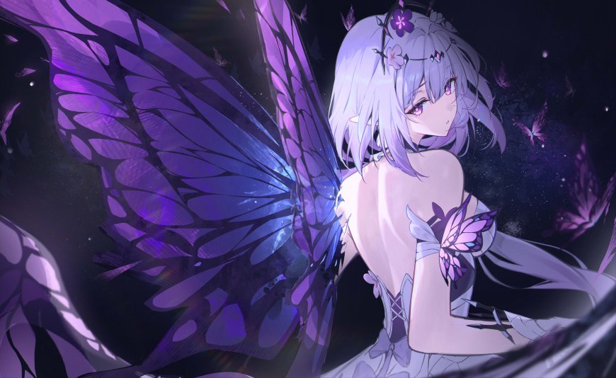 紫蝶少女银发花冠紫蓝奇幻动漫电脑壁纸