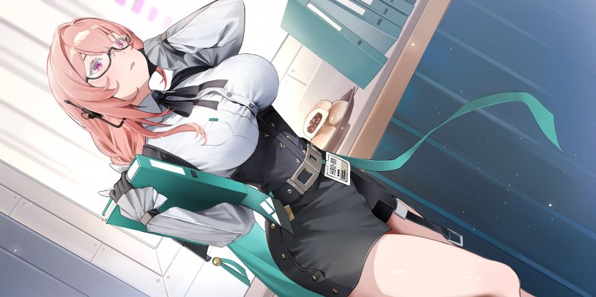 绝区零月城柳粉发眼镜白衬衫黑裙手持文件夹办公室少女动漫电脑壁纸