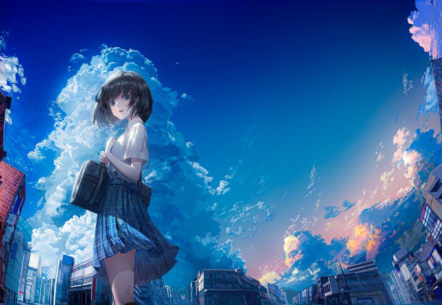 蓝空少女校服街景蓝白动漫电脑壁纸