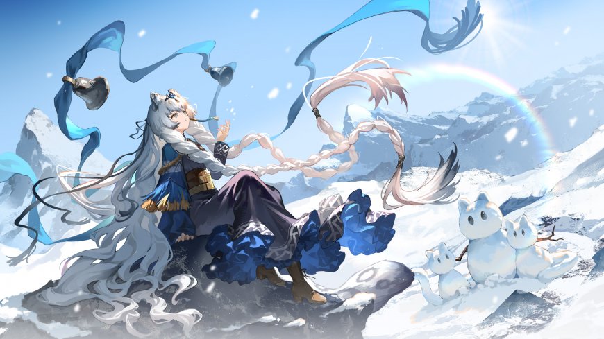 明日方舟初雪雪山彩虹雪人铃铛飘带唯美场景少女动漫电脑壁纸