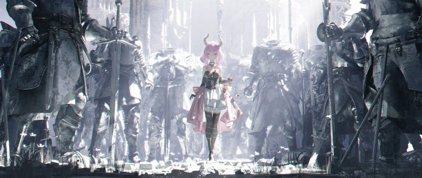 粉发恶魔角少女持天平站立骑士废墟光影概念插画电脑壁纸