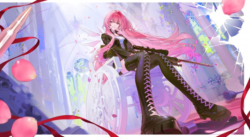 蔚蓝档案圣园未花粉发光环轮椅持狙击枪教堂彩窗少女动漫电脑壁纸