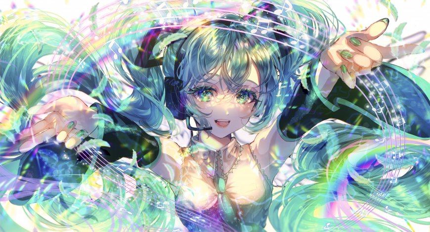 初音未来绿发双马尾音符环绕幻动漫电脑壁纸