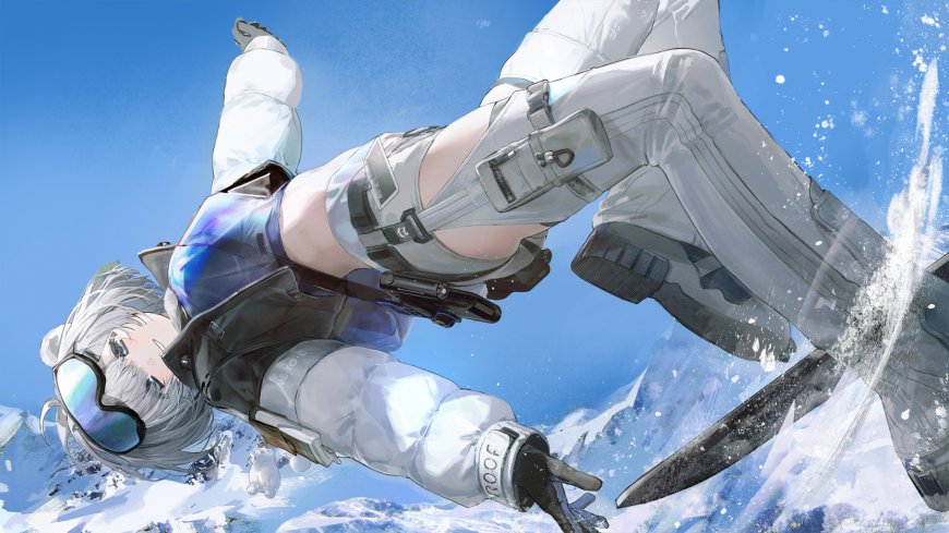 明日方舟极光白发滑雪服雪山腾空动态视角运动少女动漫电脑壁纸