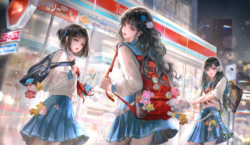 三位蓝裙少女便利店夜景粉紫动漫电脑壁纸