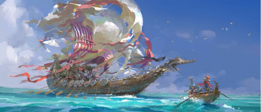 奇幻巨船破浪航行蓝绿幻想动漫电脑壁纸