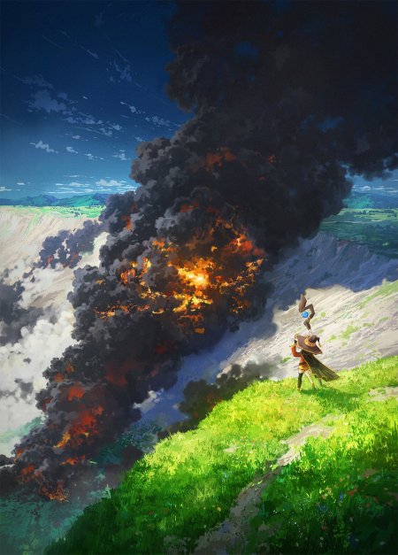 魔法师持杖观火海黑烟绿野奇幻手机壁纸