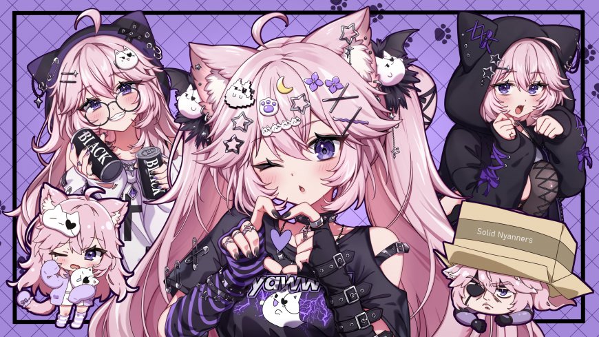 hololive博衣小夜璃粉发猫耳多造型拼贴紫色背景萌系动漫电脑壁纸