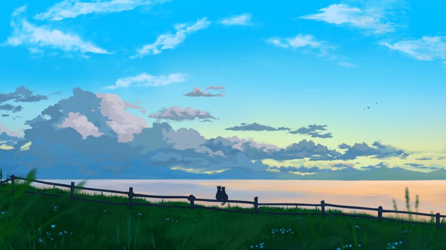草原双猫眺望海天交界蓝白渐变插画卡通电脑壁纸