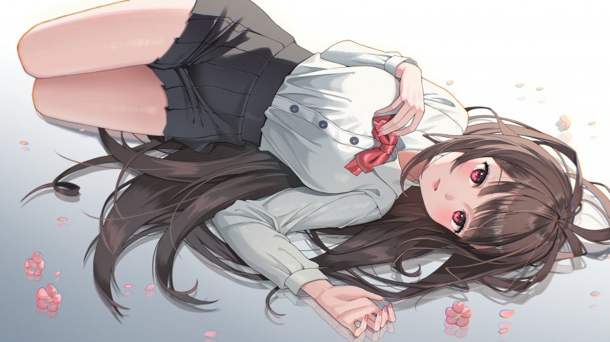 动漫少女长发红瞳白衬衫黑裙樱花飘落粉蓝唯美动漫电脑壁纸