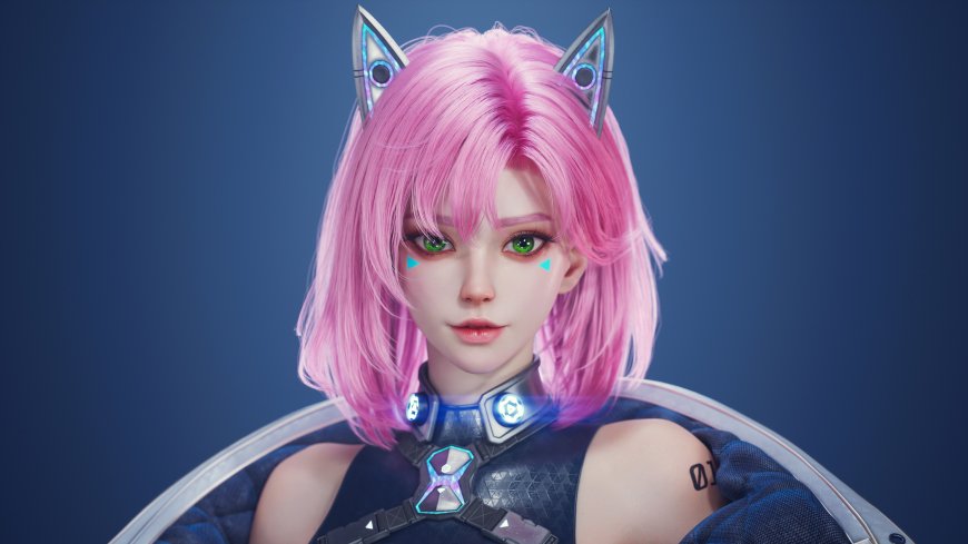 粉发猫耳少女绿眸蓝光科技风动漫游戏角色电脑壁纸