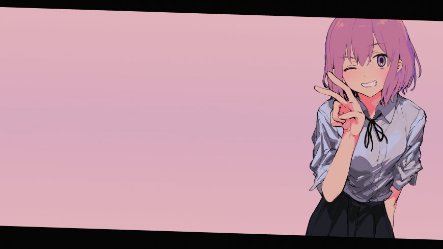 粉发少女眨眼比V手势粉紫动漫电脑壁纸