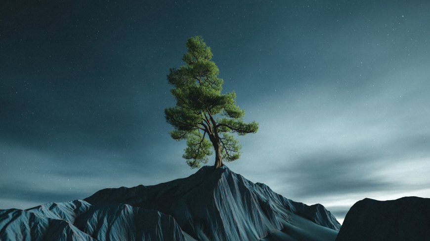 孤松矗立峰顶星夜苍茫蓝灰风景电脑壁纸
