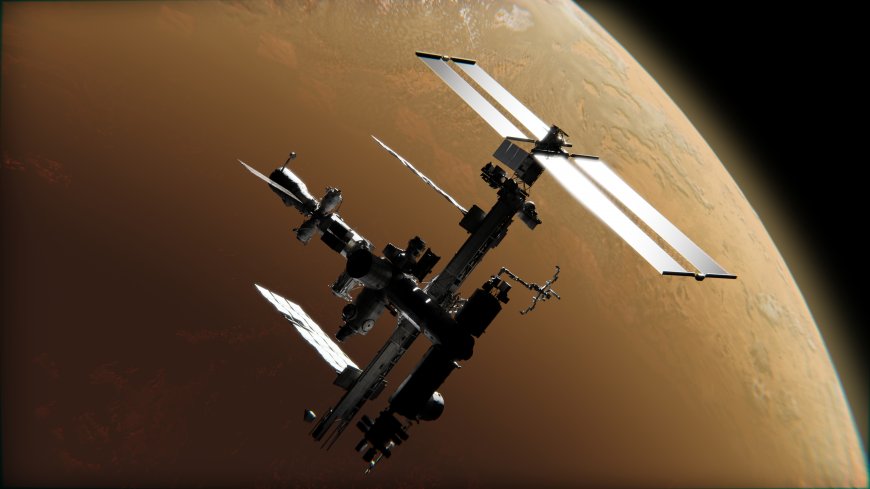 国际空间站环绕火星轨道暗红太空科幻电脑壁纸