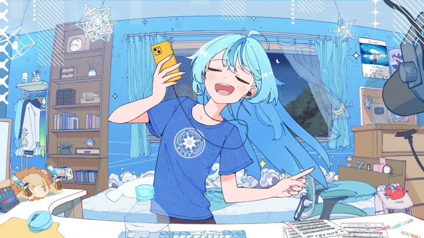 蓝发少女自拍微笑房间场景清新动漫电脑壁纸