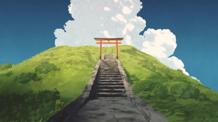 鸟居石阶绿丘蓝天白云动漫风景电脑壁纸