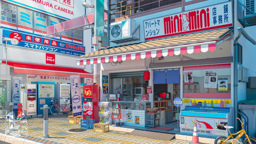 日本街头便利店与自动贩卖机林立蓝白红清新动漫电脑壁纸