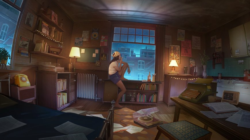 少女窗边沉思蓝调温馨室内场景插画创意电脑壁纸