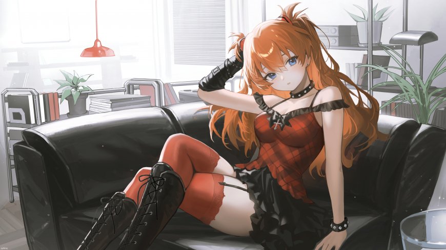 新世纪福音战士明日香橙发蓝眼少女黑红格裙慵懒坐姿室内动漫电脑壁纸