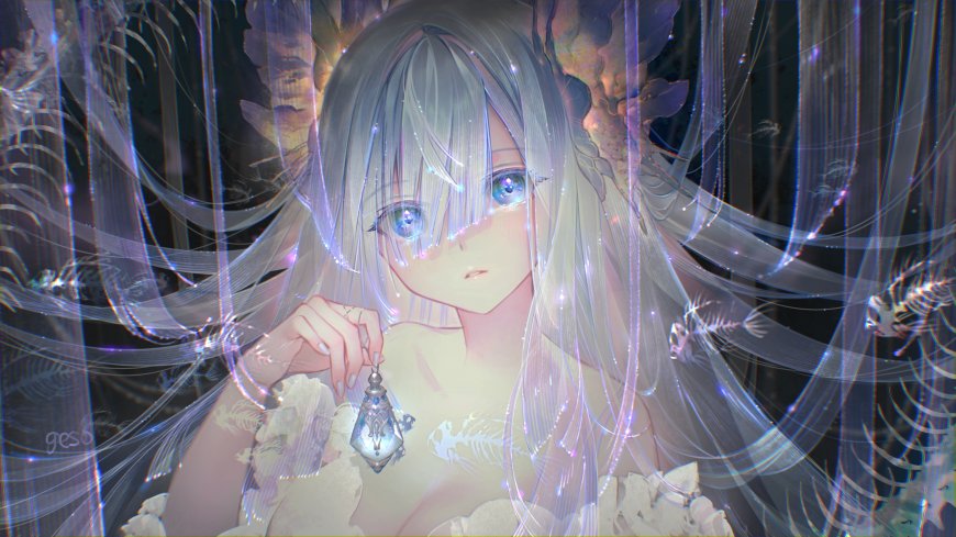 银发蓝瞳少女手持水晶吊坠梦幻紫蓝光效动漫电脑壁纸
