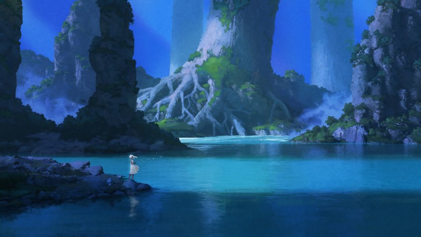 幽蓝秘境巨树根系环绕少女伫立湖畔青蓝奇幻风景电脑壁纸