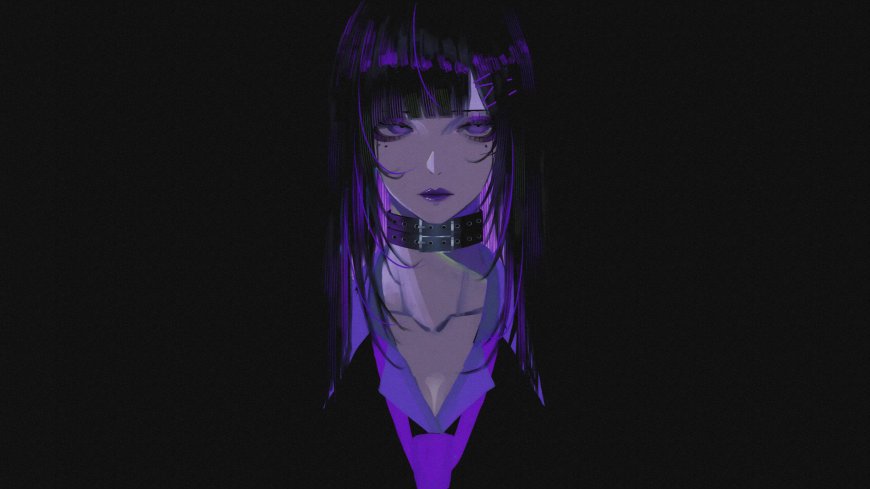 紫发少女黑衣项圈暗紫动漫电脑壁纸