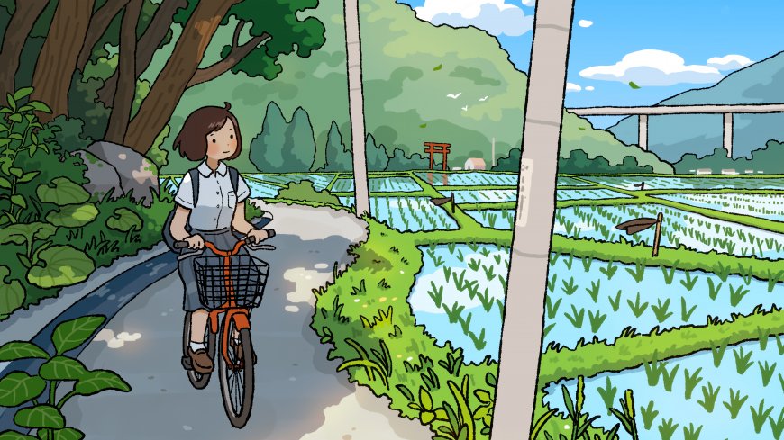 乡村小径骑车少女绿意盎然清新插画卡通电脑壁纸