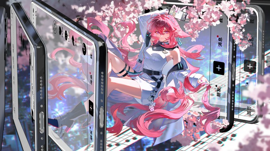 粉发少女樱花环绕科技屏风动漫电脑壁纸