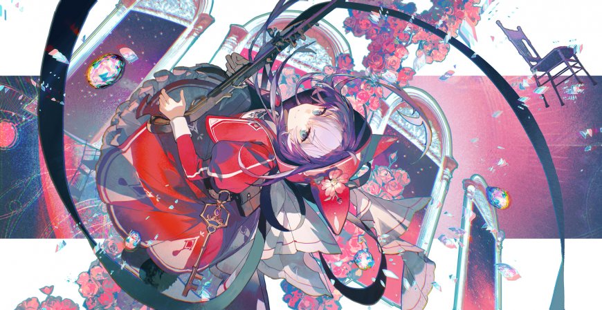 紫发红衣持枪少女玫瑰环绕粉紫梦幻动漫电脑壁纸