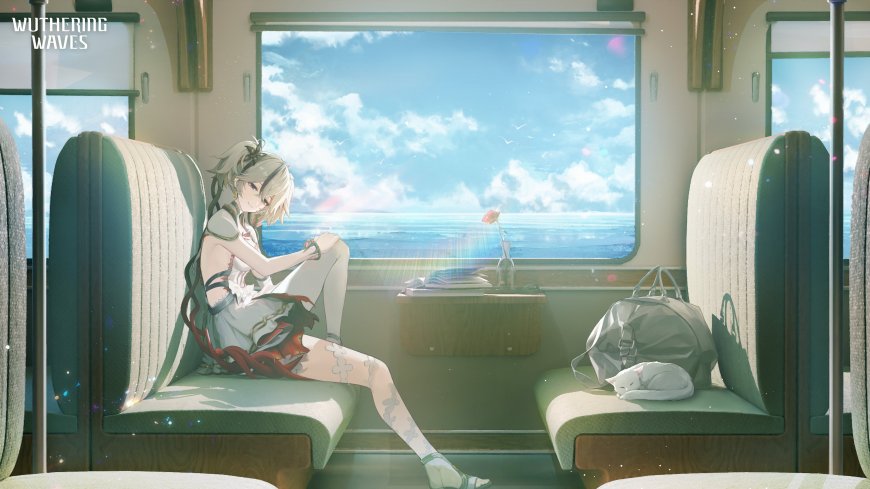 鸣潮椿少女火车看海景白猫清新治愈动漫电脑壁纸