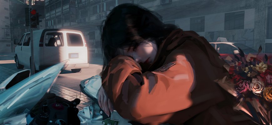 WLOP绘橙衣少女蜷缩街头摩托车旁孤独治愈插画电脑壁纸