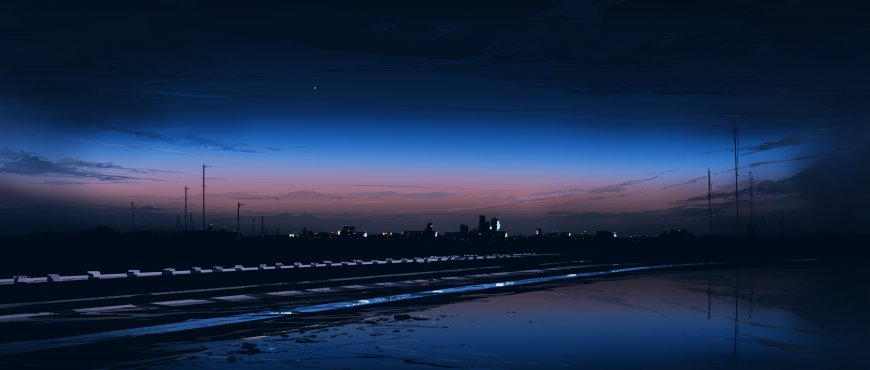 城市夜景天际线倒影水面蓝紫渐变风景电脑壁纸