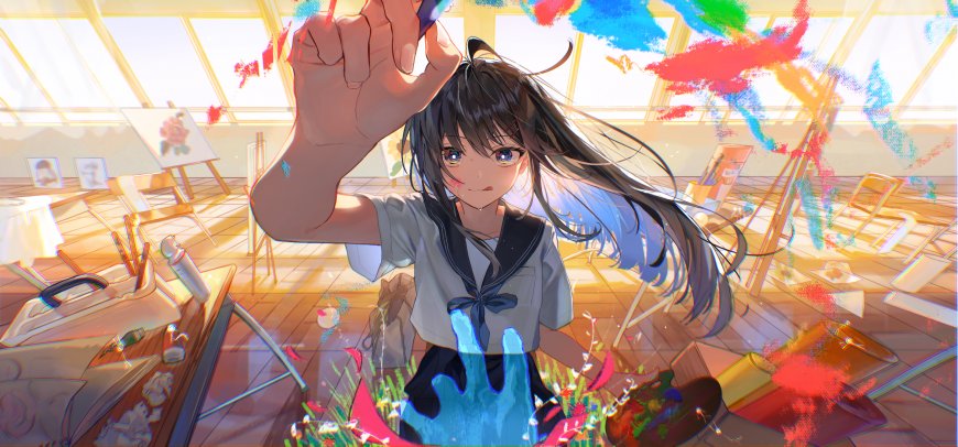 动漫少女手持画笔彩墨飞溅暖金唯美插画电脑壁纸