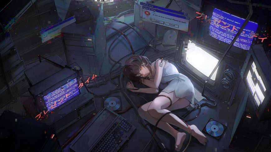 赛博朋克风格少女蜷缩机房蓝紫故障艺术动漫电脑壁纸