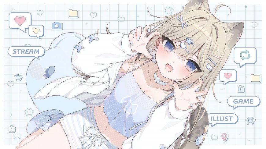 猫耳少女蓝眸微笑白衫蓝裙浅粉紫调动漫电脑壁纸
