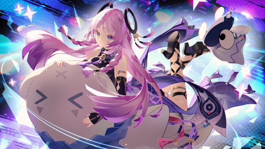 原神茜特菈莉粉发双辫抱玩偶紫蓝星光梦幻少女动漫电脑壁纸