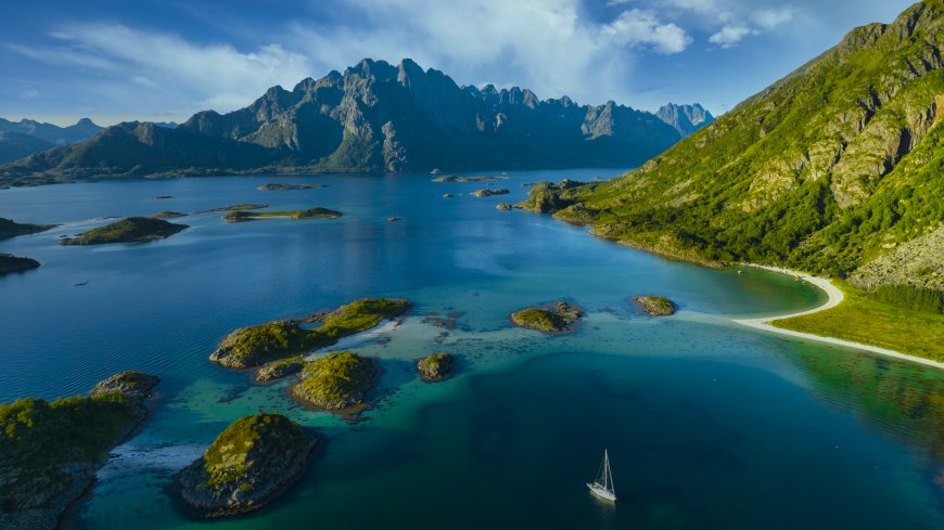 挪威罗弗敦群岛峡湾碧海青山航拍蓝绿风景电脑壁纸