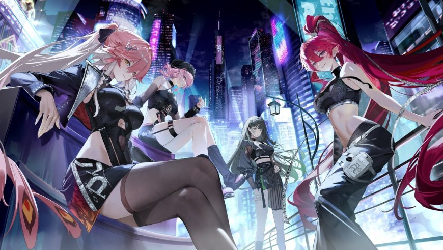 赛博朋克都市夜景四位动漫少女粉红黑紫霓虹光影动漫电脑壁纸