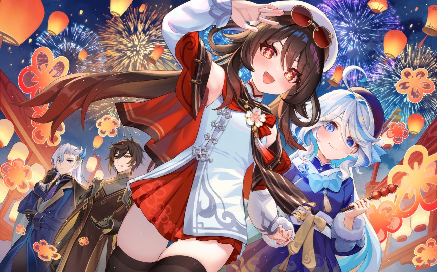 原神胡桃夜市烟花庆典红白少女动漫电脑壁纸