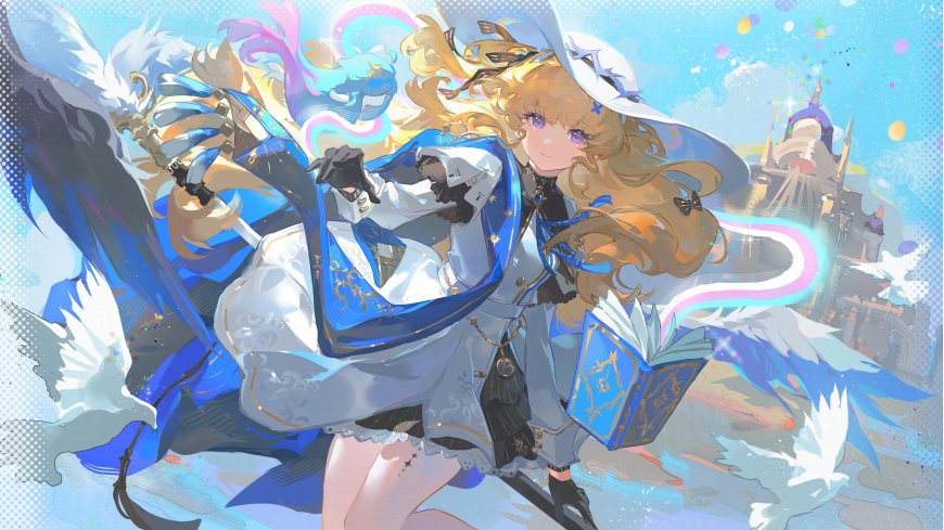 原神菲谢尔蓝白魔法少女持书展翼粉紫动漫电脑壁纸